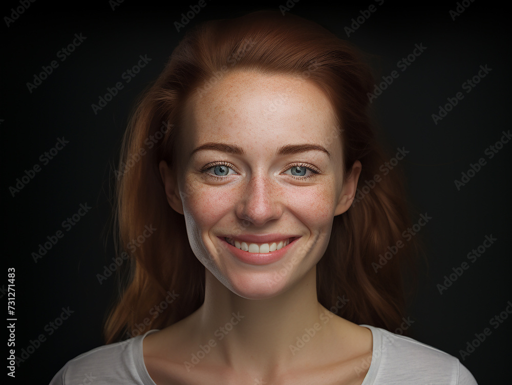 Smiling red-haired girl with freckles on a dark background Smiling red-haired girl with freckles on a dark background