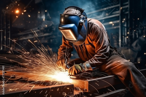 A man welder in brown uniform, welding mask, weld metal construction site.
