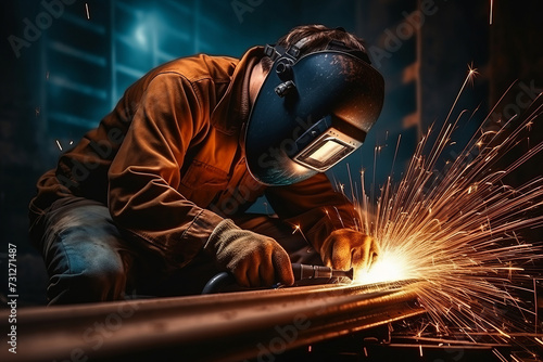 A man welder in brown uniform, welding mask, weld metal construction site.