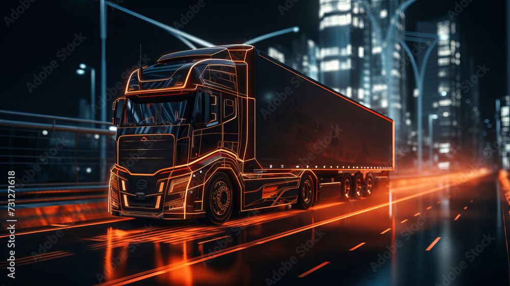 Futuristic truck with trailer scene with wireframe intersection Illustration. - obrazy, fototapety, plakaty 