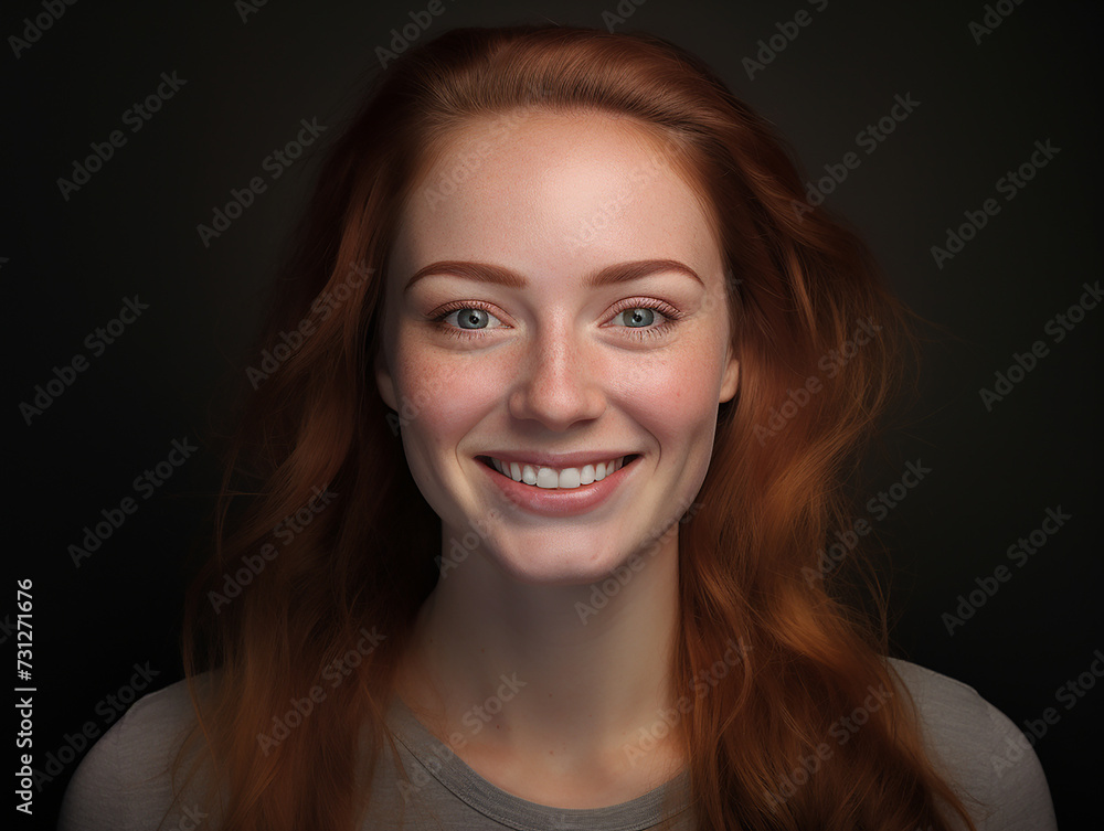Smiling red-haired girl with freckles on a dark background Smiling red-haired girl with freckles on a dark background