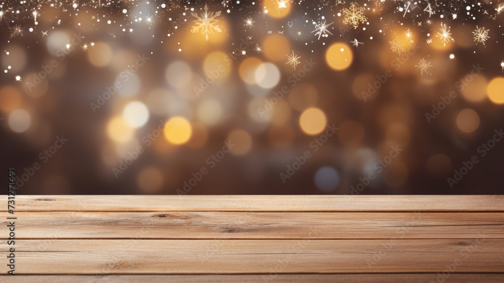 Christmas holiday background with empty wooden table.