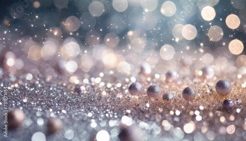 beautiful festive background image with sparkles and bokeh in pastel pearl and silver colors selective focus shallow depth of field