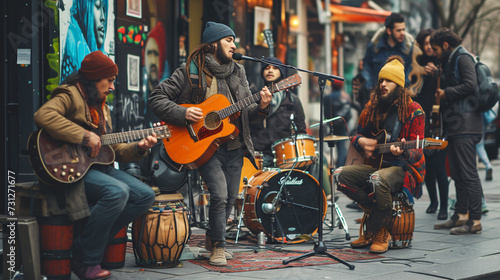 Vibrant street musicians captivate audiences with their soulful performances, embodying the dynamic essence of urban culture and artistic expression. © Nijat