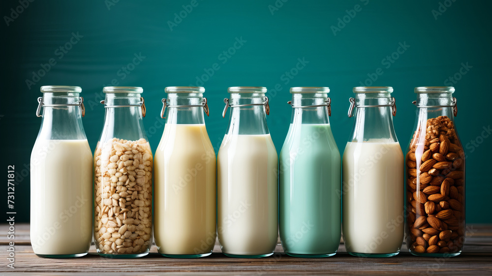 Non dairy plant based milk in bottles and ingredients on turquoise background. Non dairy plant based milk in bottles and ingredients on turquoise background.