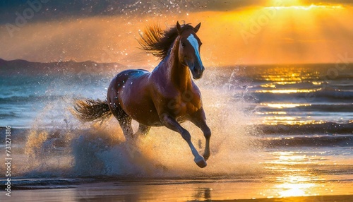 Cavalo correndo em uma praia causando espirros de água e iluminação brilhante photo