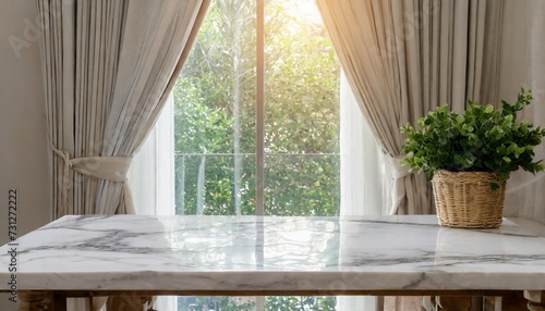 empty marble desk in front of window light and white curtains home interior with table countertop product placement display in luxury house © Ashley