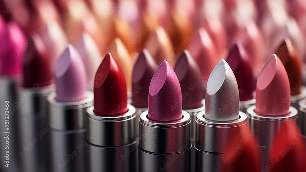 Many lipsticks in many colors lined up. Many lipsticks in many colors lined up.