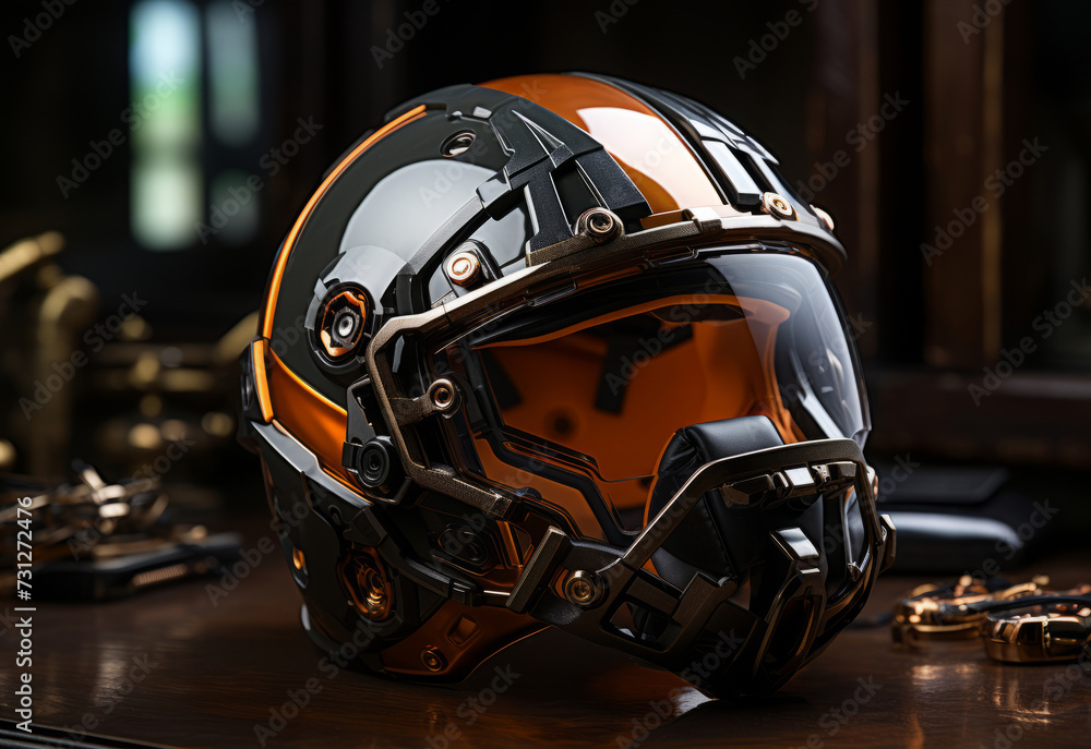 a football helmet sitting on a table. a football helmet sitting on a table.