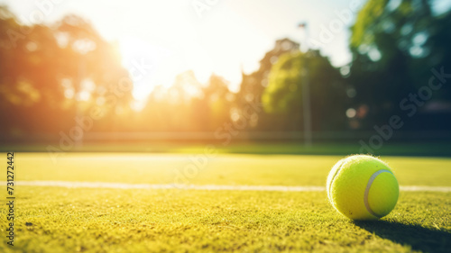 Tennis ball and racket on the grass court with sunshine.