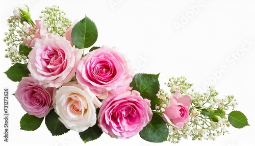 pink rose flowers and limonium in a corner floral arrangements with frame isolated on white or transparent background © Ashley