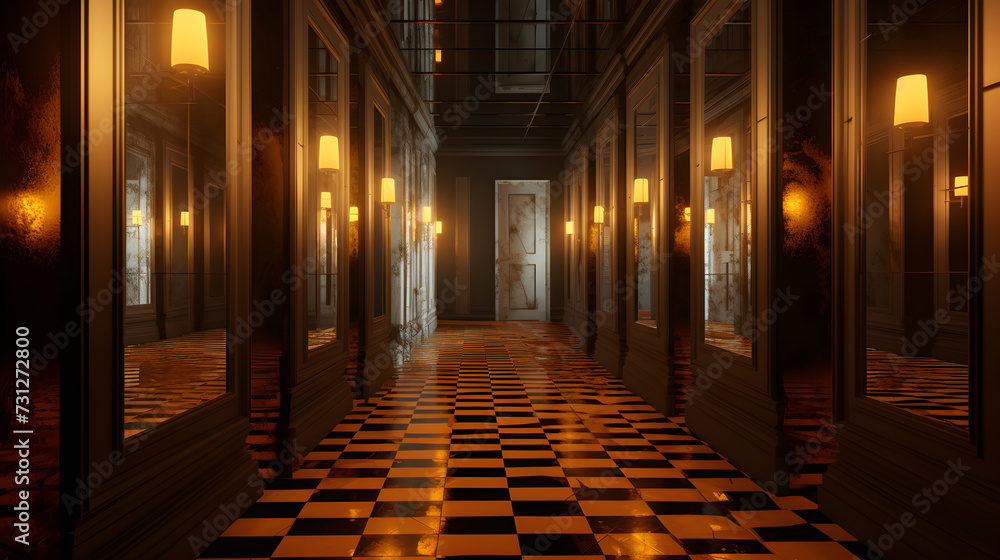 street in the old town 3d view,,
This long hallway is made of a checkered floor
