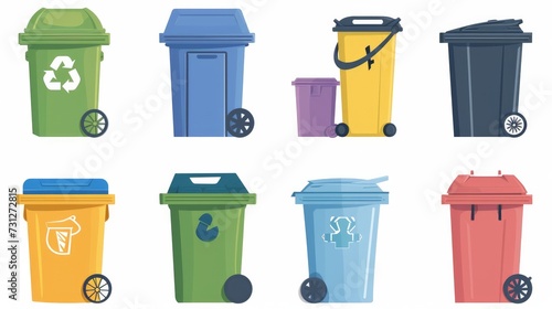 A flat illustration set depicting street and in-house trash bins, including metal and plastic garbage containers, colorful recycle trash buckets and bags. This set also includes trash bins with pedals