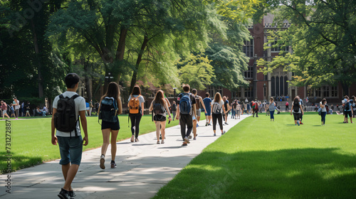 Energetic students traverse a bustling university campus, brimming with academic potential and youthful enthusiasm.