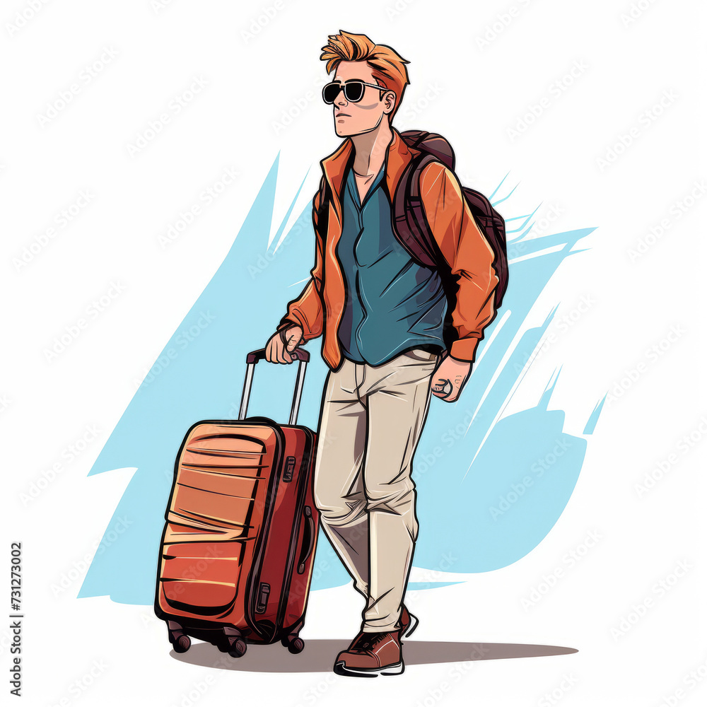 Illustration of a tourist, 25 year old, luggage, simple, minimal, flat color, comic book style.. Illustration of a tourist, 25 year old, luggage, simple, minimal, flat color, comic book style..