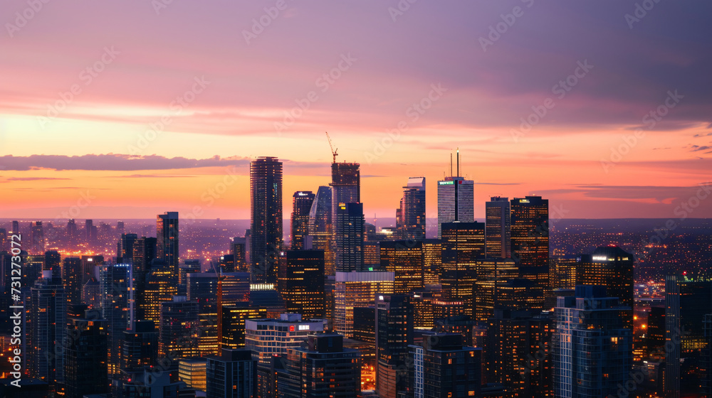 A mesmerizing sunset envelops a modern cityscape, where sparkling office buildings stand tall, shining brilliantly against the rich evening sky.