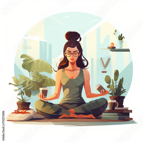 flat colors Woman doing yoga at home. Self-time concept.