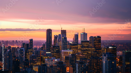 A mesmerizing sunset envelops a modern cityscape, where sparkling office buildings stand tall, shining brilliantly against the rich evening sky. © Nijat