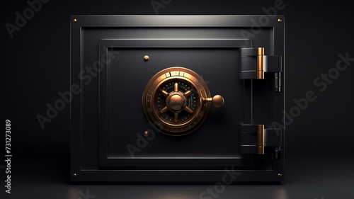 Black bank safe with open steel door and golden light .