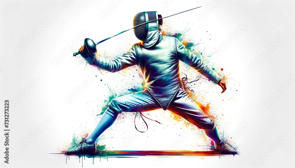 Vibrant illustration of a fencer in action, with a dynamic pose and colorful splatter effects that convey movement and the art of fencing.Sports concept.AI generated.
