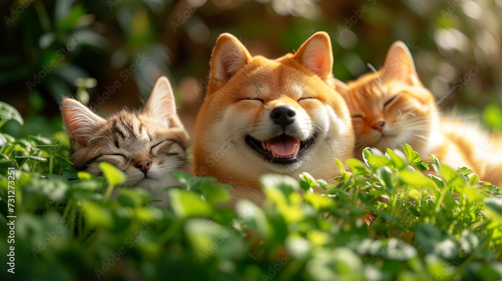 A happy Shiba Inu dog smiles between two cats sunbathing in green leaves.
