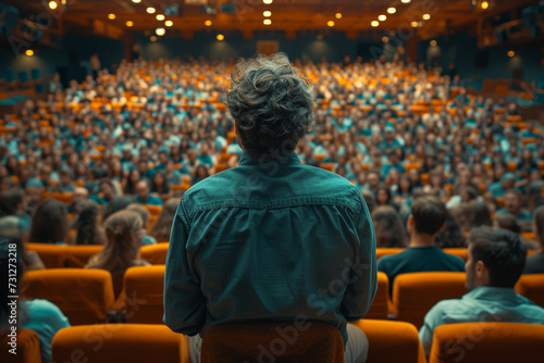 A candid shot of a public speaker engaging with their audience, revealing the authenticity of effective communication and shared ideas. Concept of genuine public discourse. Generative Ai. photo