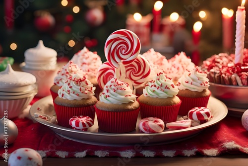 Holiday treats like candy canes  gingerbread cookies  and festive cupcakes are beautifully arranged on plates