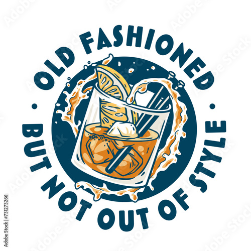 Old fashioned cocktail with ice, cherry and splash for design of bar menu. American alcohol cocktail with whisky and bourbon for drink party. Tee print