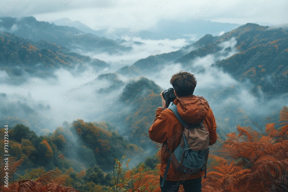 Travel photogrrapher on a top of a mountain and enjoying the view Travel photogrrapher on a top of a mountain and enjoying the view