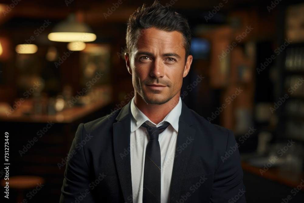 Fototapeta premium A successful and handsome executive in a suit exudes confidence, standing against the background of his bar.