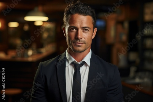 A successful and handsome executive in a suit exudes confidence, standing against the background of his bar.