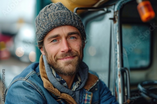 A confident truck driver with a cheerful smile, wearing a beanie and casual winter attire.