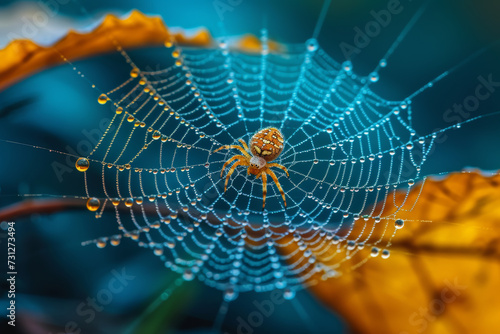 Macro photography revealing the intricate details of a dew-covered spider web, emphasizing the artistry of nature's engineering. Concept of micro-level architecture. Generative Ai.