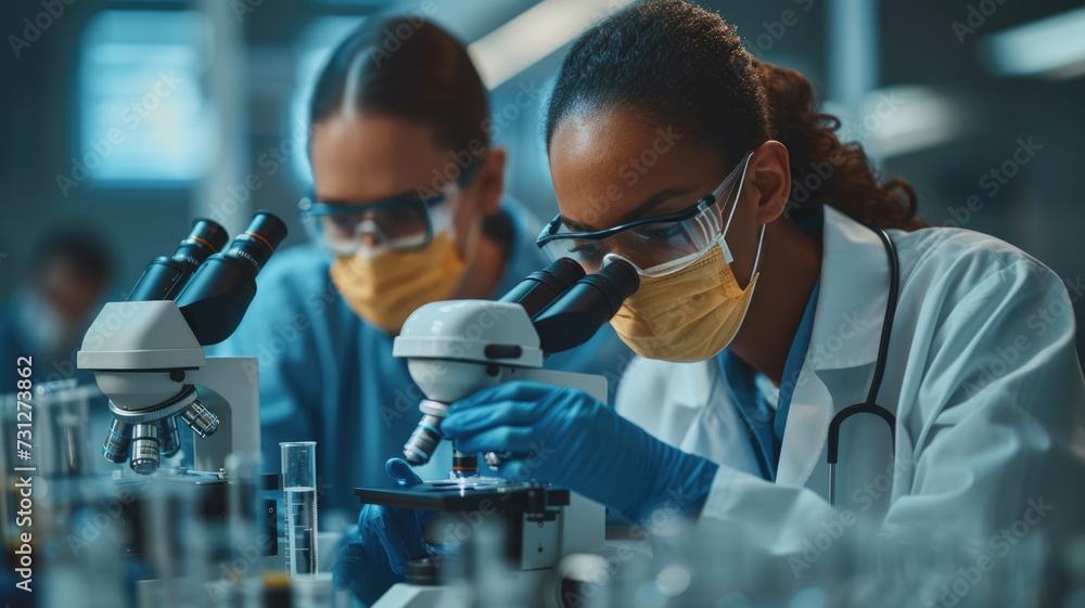 Doctors in science lab looking into a microscope Doctors in science lab looking into a microscope