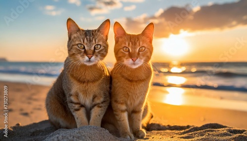 Dois gatos sentados na praia em um lindo pôr do sol photo