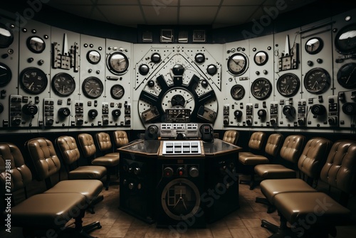command post of a retro analog control center for an industrial facility or nuclear power plant, a control panel, devices for industrial and scientific research and measurements photo