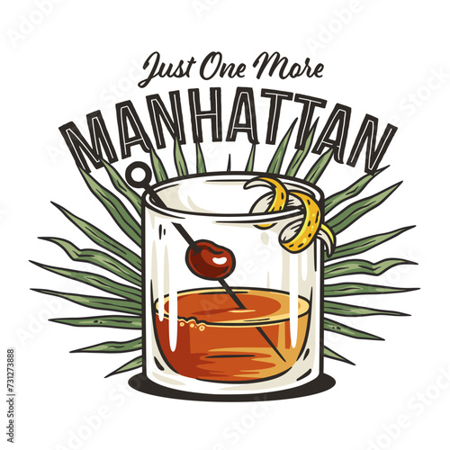 Manhattan cocktail, old fashioned with whiskey, vermouth and cherry for design of bar menu. Alcohol cocktail for drink party or tee print