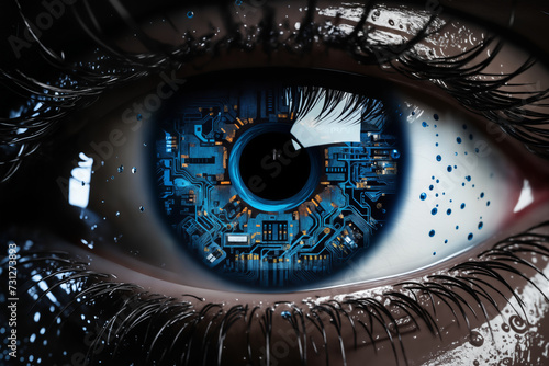 the human eye with an implant in the form of an electronic digital board  the concept of augmented reality and computer vision of the future  information processing  artificial intelligence