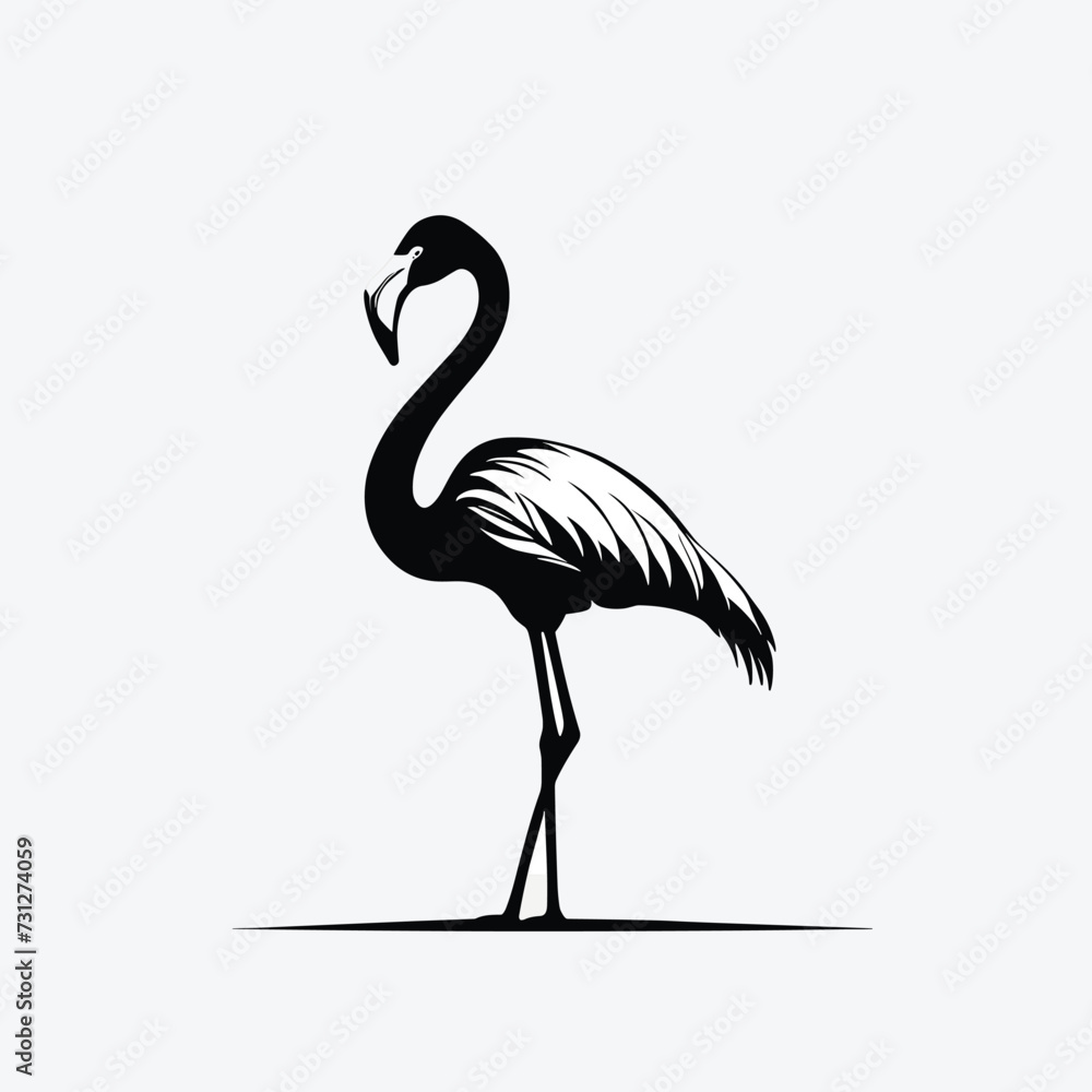 Elegant silhouette of a flamingo standing gracefully with its distinctive pose on a white background. Elegant silhouette of a flamingo standing gracefully with its distinctive pose on a white background.