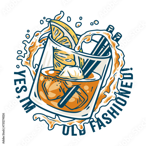 Old fashioned cocktail with ice, cherry and splash for design of bar menu. American alcohol cocktail with whisky and bourbon for drink party. Tee print