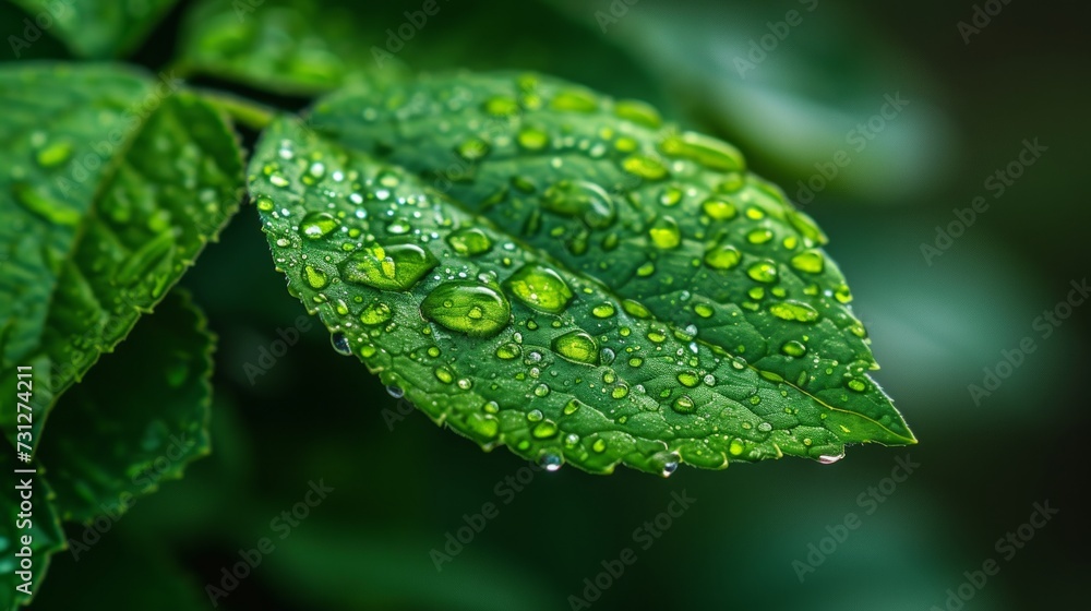 A close-up of raindrops on a green leaf A close-up of raindrops on a green leaf
