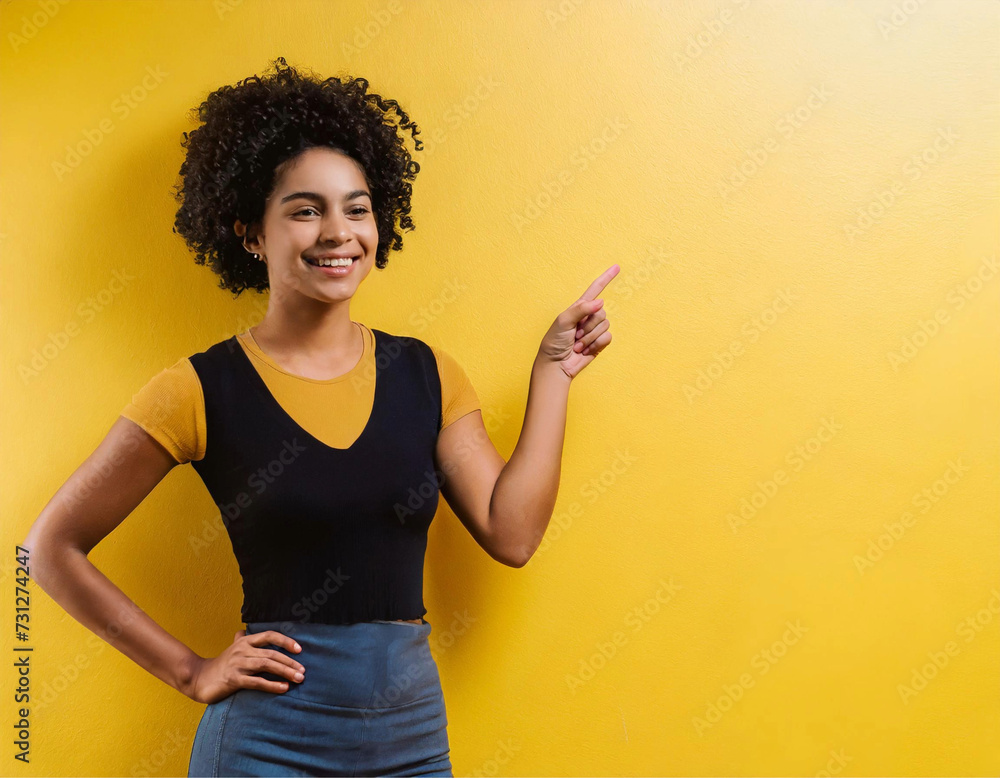 Uma mulher negra, sorridente, elegante, com cabelos curtos, apontando com o dedo indicador, com fundo amarelo e espaço para texto.