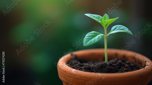 A close-up of a small, sprouting plant in a terracotta pot, representing spring growth and potential