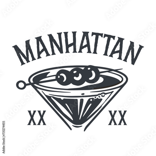 Monochrome manhattan cocktail, old fashioned with whiskey, vermouth and cherry for design of bar menu. Alcohol cocktail for drink party or tee print