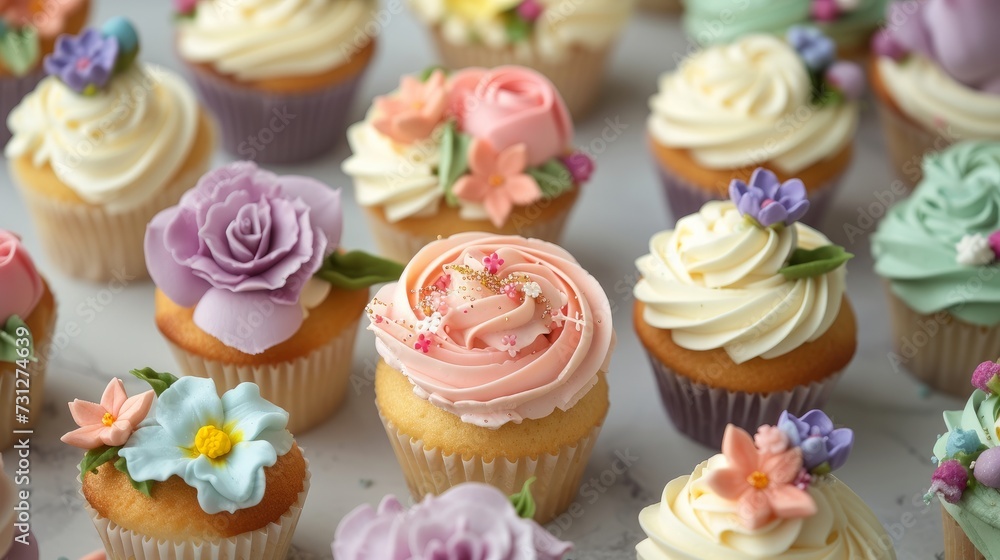 Many sweet cupcakes adorned with flowers and buttercream
