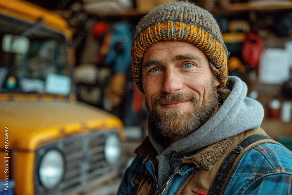 A handsome, professional mechanic with a beard, wearing a beanie and hoodie in a garage. A handsome, professional mechanic with a beard, wearing a beanie and hoodie in a garage.