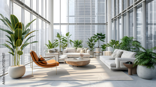 Modern interior design characterized by an elegant living room featuring a comfortable sofa, light furniture, cozy carpet, tiled floor, white walls, and home plants.