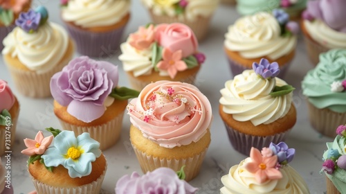 Many sweet cupcakes adorned with flowers and buttercream