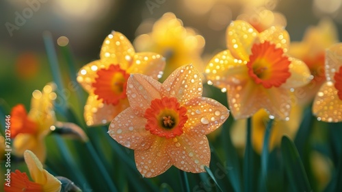 A close-up of dew-kissed daffodils  illuminated by the warm