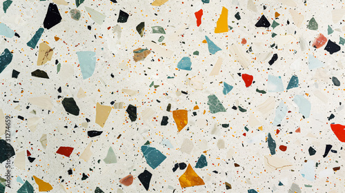 A visually stunning terrazzo flooring pattern featuring a neutral base adorned with vibrant, scattered colorful chips. This eye-catching design effortlessly combines classic elegance with a